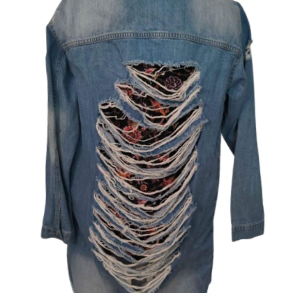 Trendy Distressed Jeans Denim Duster Size Large - Picture 5 of 6